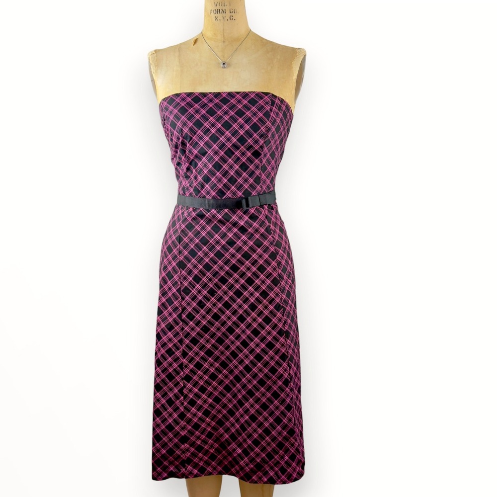 Y2K Plaid Strapless Pink Midi Dress Ruby Rox  Belt Coquette Punk Tartan Size M